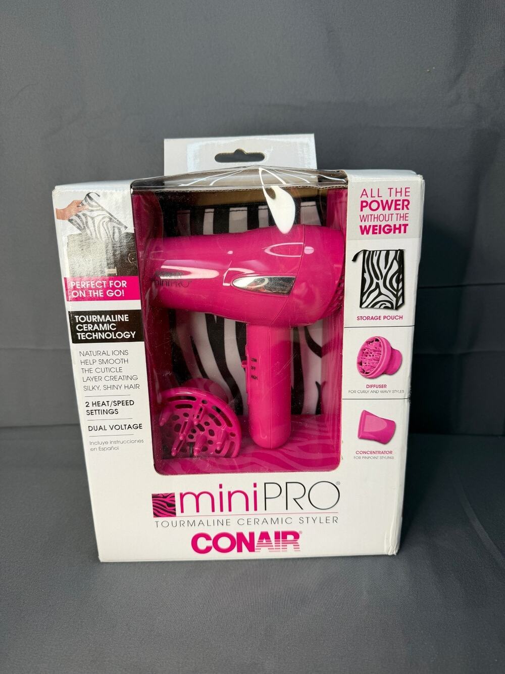 Conair miniPRO Pink Travel Hair Dryer Cermic with Tools and Travel Bag NIB